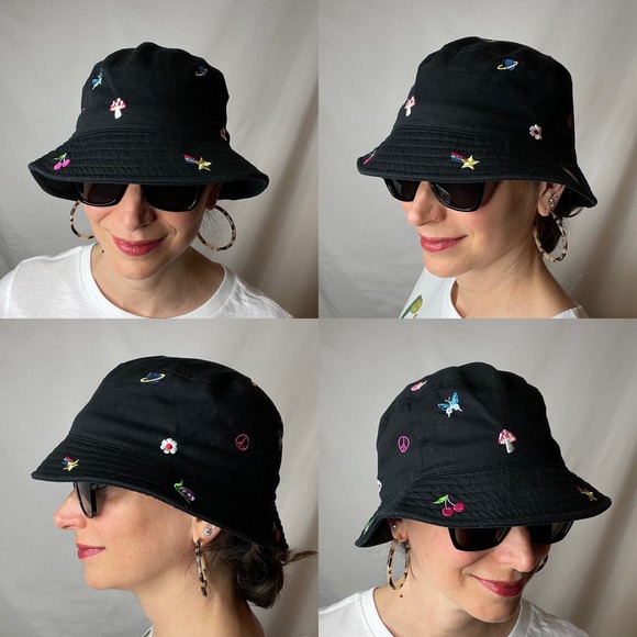 Bundle of TWO bucket hats strawberry fruit pink and embroidered mushroom black - Picture 4 of 17